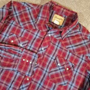 Vintage Wrangler Pearl Snap Plaid Western Long Sleeve Shirt Size 3XL Red Plaid